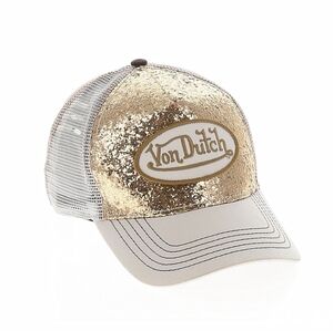 Von Dutch Gold Sequin Logo Trucker Cap with Cream Brim
